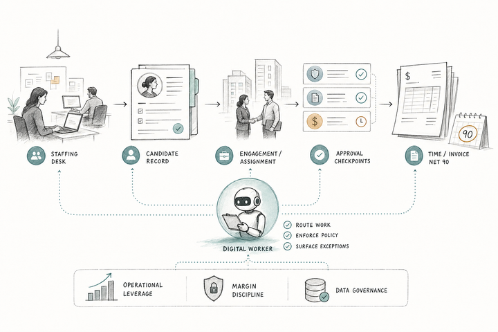 Editorial sketch showing the staffing workflow behind Net-90 Payment Friction Digital Worker.