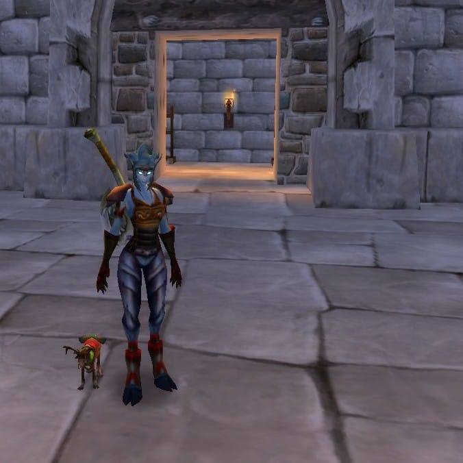 Screenshot of a World of Warcraft female Draenei in a stone room, with a mini reindeer beside her.