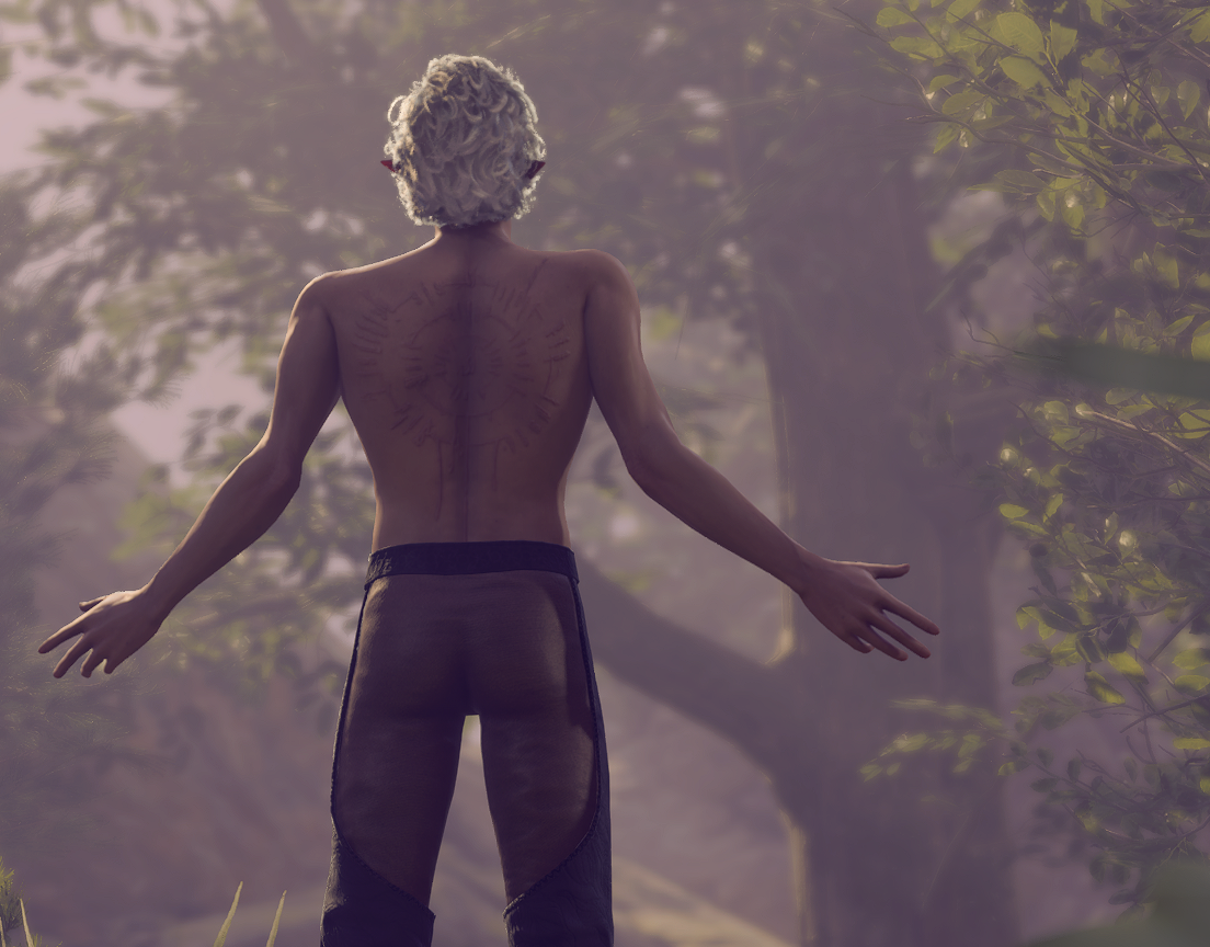 Screenshot from Baldur's Gate 3 of Astarion, his back to the viewer. He's shirtless and the circular scar is visible. Trees are in the background.