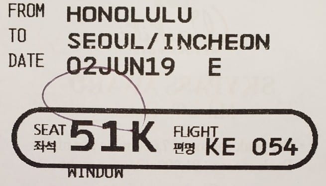 Image of a portion of a boarding pass. Honolulu to Seoul/Incheon. Seat 51K.