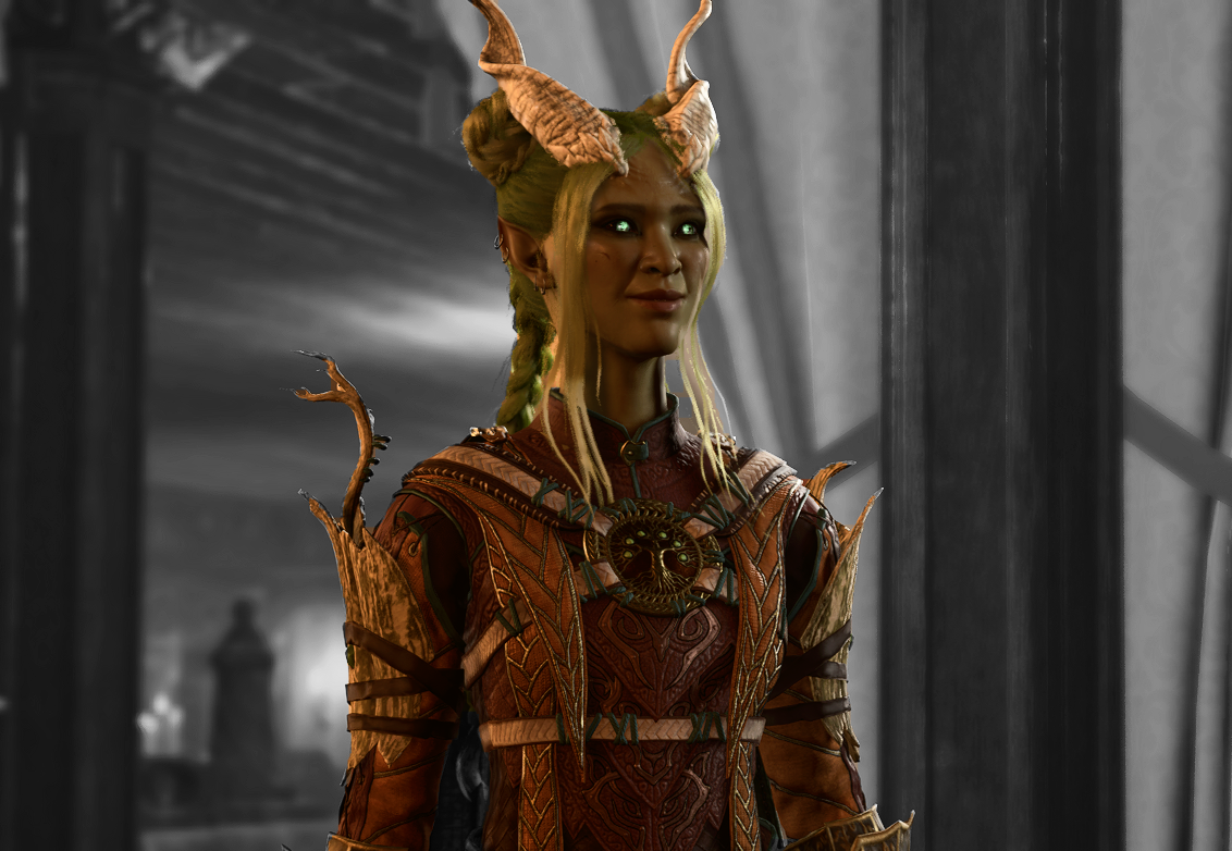 Color pop image of a green-skinned, green-haired tiefling in druid armor in the Baldur's Gate 3 video game. 