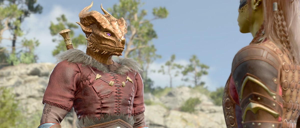 A screenshot of a violet-eyed, golden dragonborn in Baldur's Gate 3, with a side view of Lae'zel.