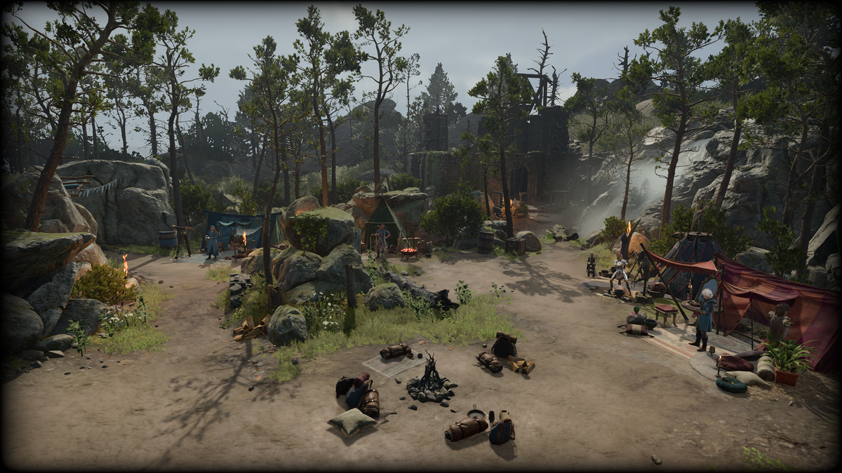 Screenshot from Baldur's Gate 3. A camp in the wilderness during Act One. Characters visible include Gale, Wyll, Lae'zel, and Astarion.