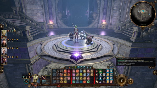 Screenshot of BG3 at the entrance to Shar's Gauntlet. The characters are in the middle of the screen and the interface is visible