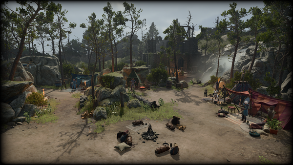 Screenshot from Baldur's Gate 3. A camp in the wilderness during Act One. Characters visible include Gale, Wyll, Lae'zel, and Astarion.