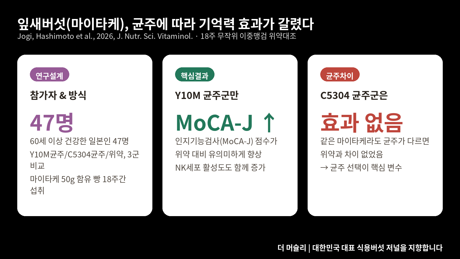 잎새버섯(마이타케) 균주별 인지기능 임상시험 실험결과 인포그래픽 카드뉴스, 참가자 47명, Y10M 균주군만 MoCA-J 인지점수 유의미 향상, C5304 균주군은 위약과 차이 없음, 더 머슐리 대한민국 대표 식용버섯 저널