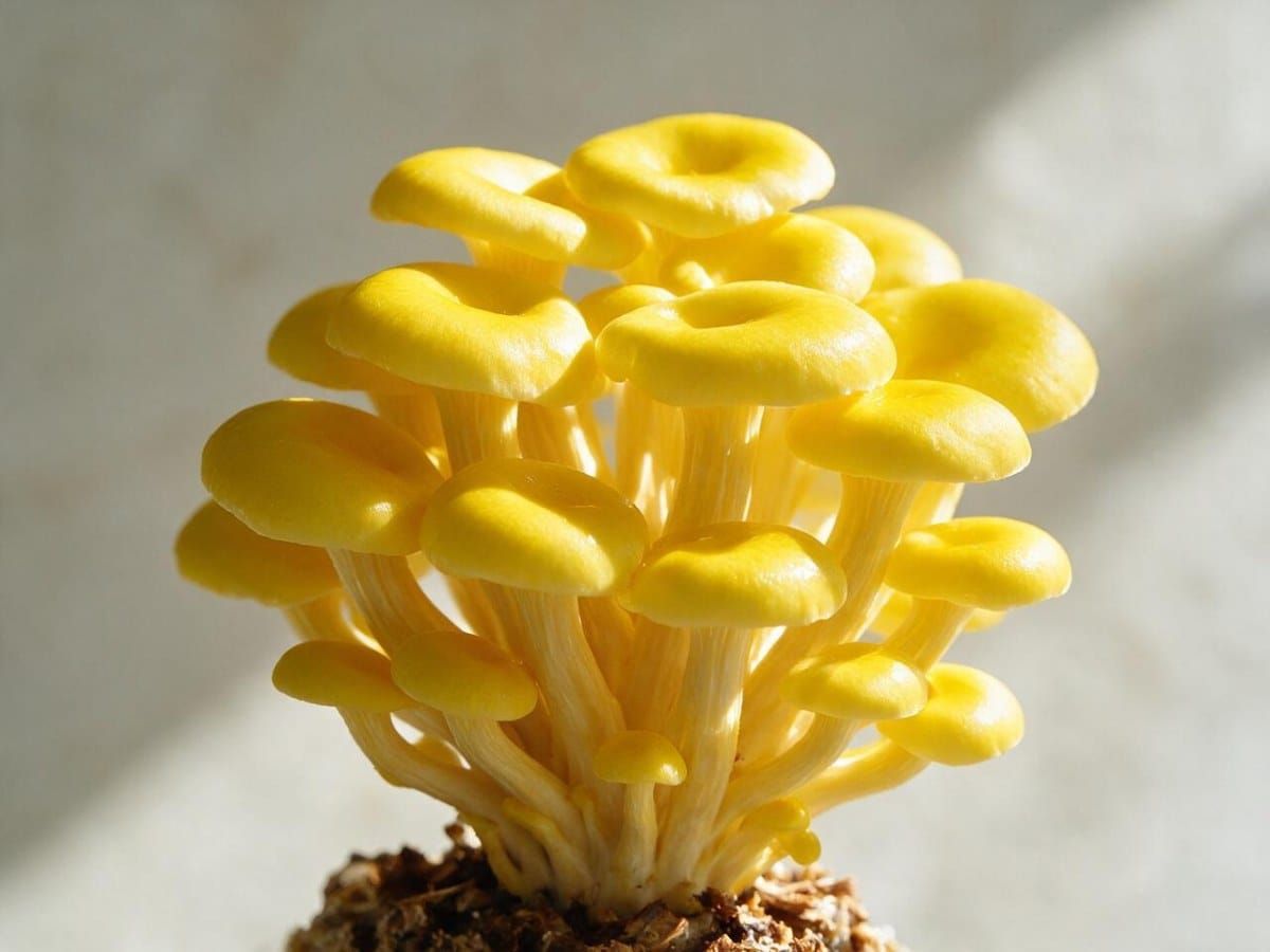 밝은 노란빛의 노랑느타리버섯(골든오이스터, Pleurotus citrinopileatus) 군집을 부드러운 햇빛 아래 클로즈업으로 촬영한 사진, 비타민D 연구 관련 기사 대표 이미지