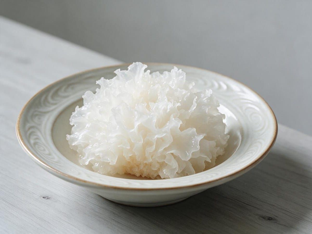 하얗고 투명한 프릴 모양의 흰목이버섯(설이버섯, Tremella fuciformis)을 도자기 그릇에 담아 부드러운 조명 아래 촬영한 사진, 당뇨 전단계 혈당 연구 관련 기사 대표 이미지