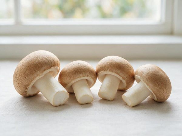 신선한 아가리쿠스버섯 여러 송이가 놓인 사실적인 정물 사진, 자연광, 병원이나 회복을 은유하는 차분하고 깨끗한 분위기