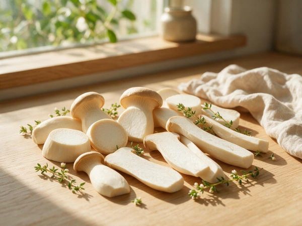 밝은 햇살 아래 슬라이스된 신선한 새송이버섯 사진