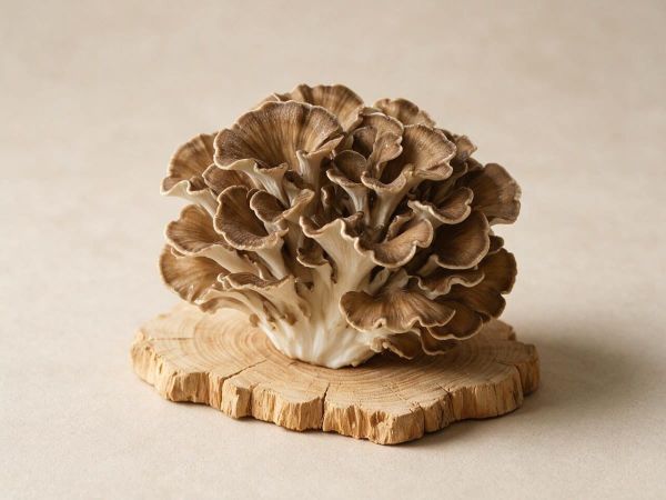 프릴 모양의 겹겹이 자란 갈회색 잎새버섯(마이타케, Grifola frondosa) 클로즈업, 부드러운 스튜디오 조명 아래 놓인 신선한 식용버섯 사진, 더 머슐리 저널용 대표 이미지