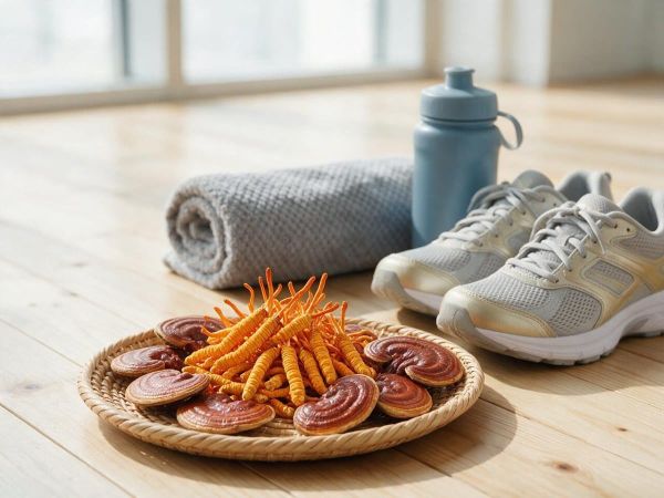 운동화·물병·수건 옆에 놓인 말린 동충하초와 영지버섯 조각, 체육관 나무 바닥 위 정물 사진