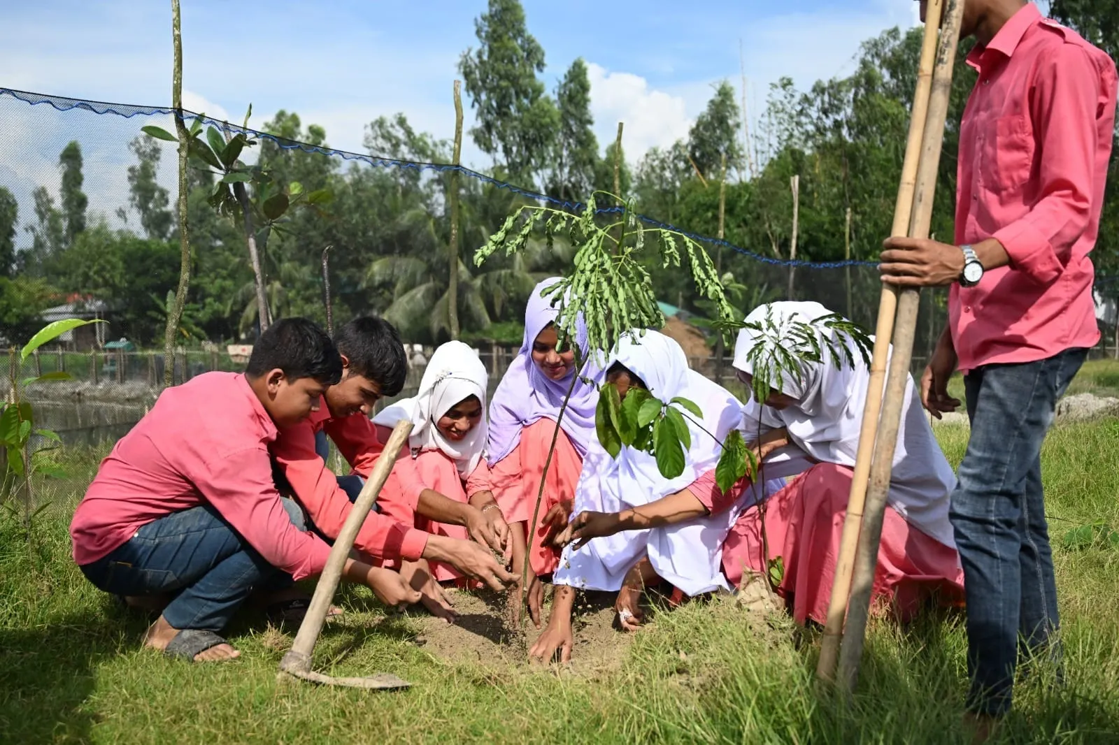 Boys and girls plant saplings in a green space, with tall trees in the background. All the girls have their heads covered with scarves.