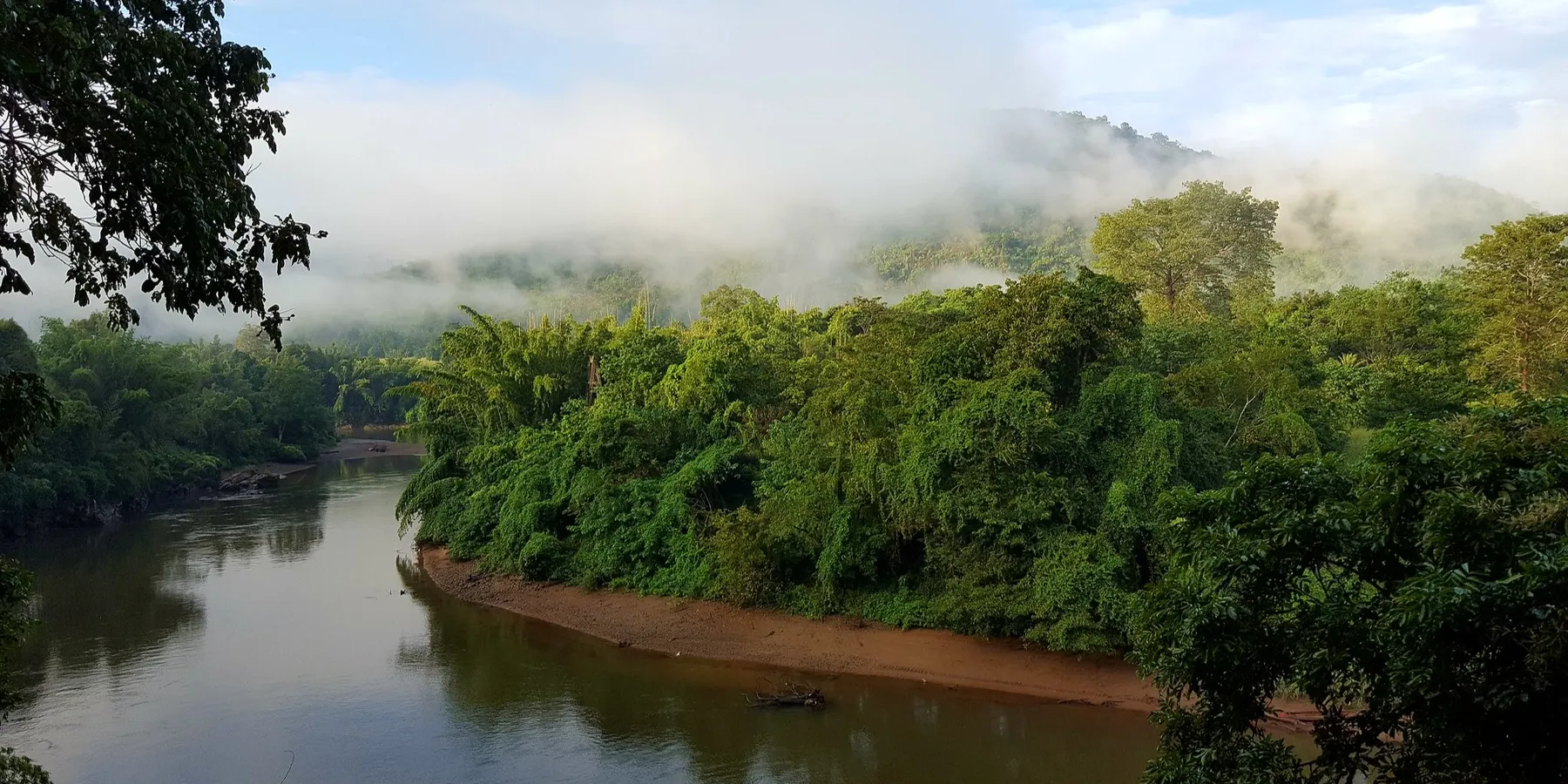 A view of a river during a misty morning. Lush greenery is also seen. 