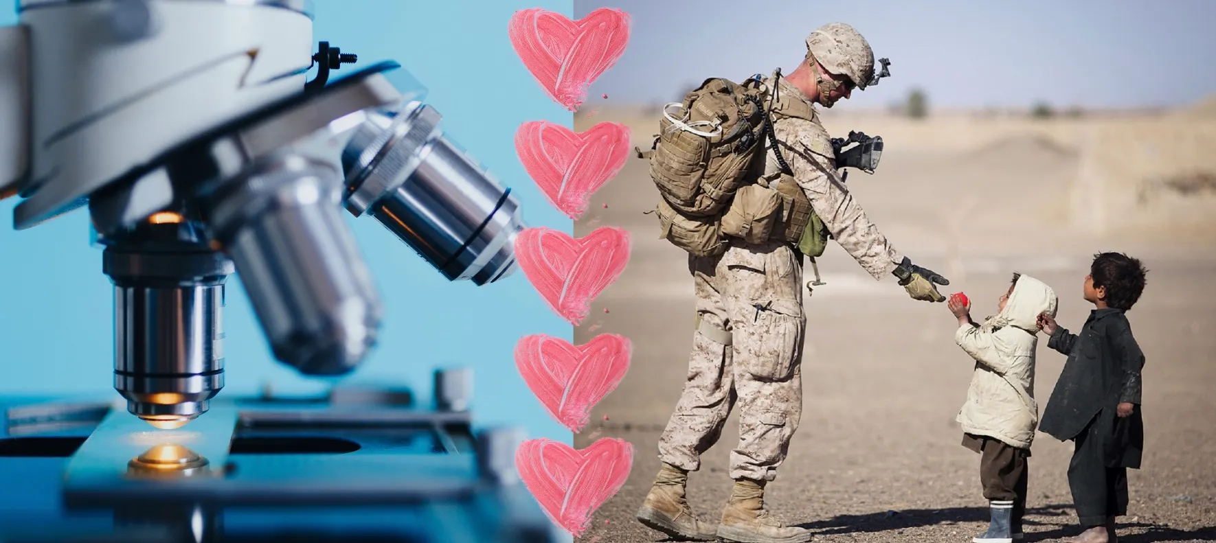 A photo illustration of a light microscope set alongside an image of soldier in a desert interacting with two children. 