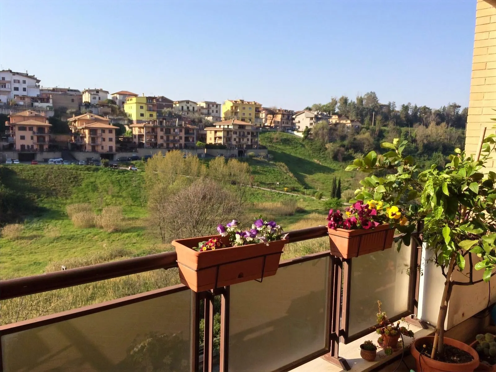 The balcony has flower planter boxes holding purple, red and yellow flowers. In the background, there is a green valley with a hillside town under a clear blue sky.