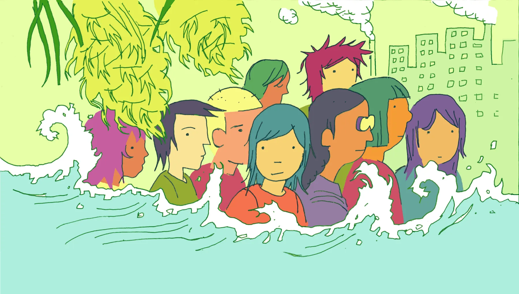 An illustration of various peoples of Asian descent standing in waves, with a building behind them