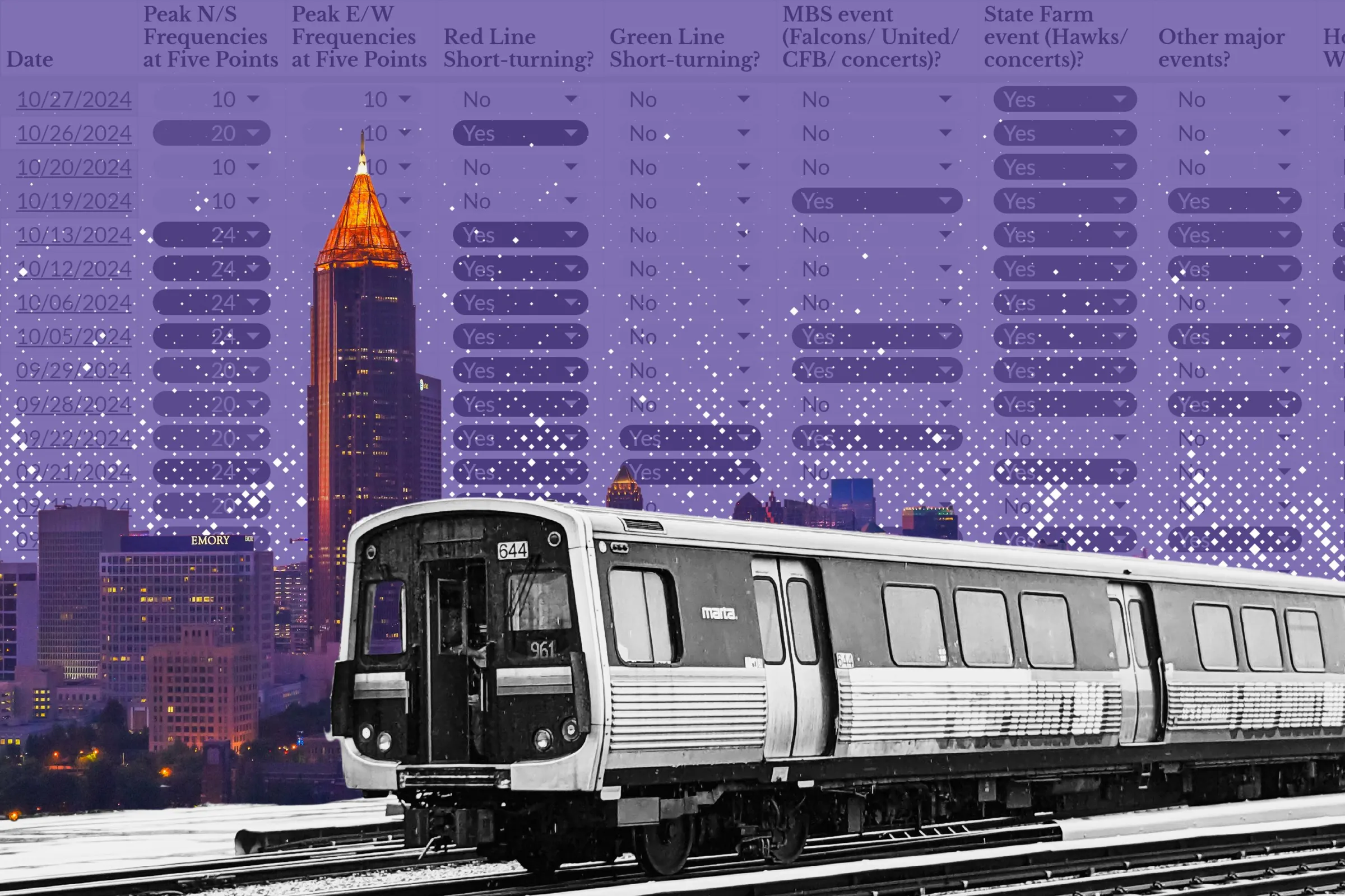 A black-and-white image of a MARTA train superimposed in front of a spreadsheet showing weekend service cuts and the Atlanta skyline.