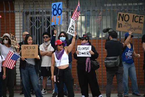 No Kings protestors line up in the Historic Filipinotown neighborhood of downtown Los Angeles