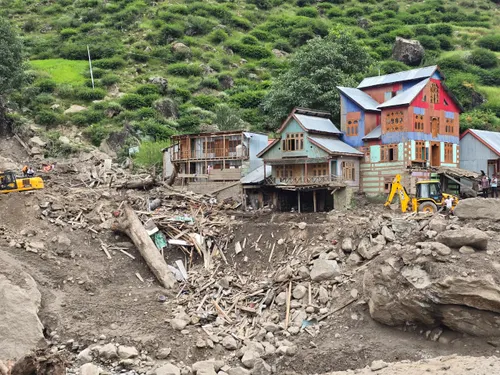 A large house painted in turquoise, orange, and red stands against a lush green backdrop of trees, while the ground below appears torn apart, with rocks scattered and furniture collapsed.