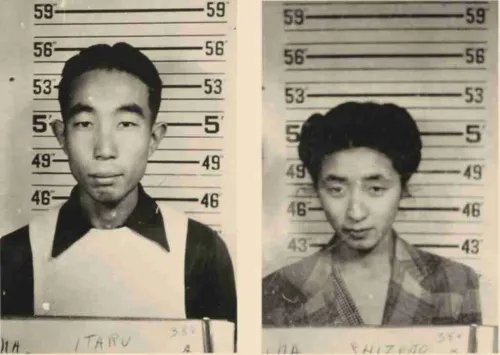 Black-and-white mugshots of Satsuki Ina's parents standing against a height chart, wearing collared shirts and looking at the camera.
