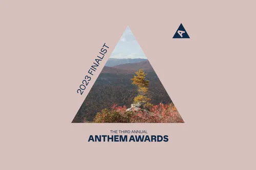 A tree and rolling mountains along Linville Gorge, N.C. cropped in the shape of an equilateral triangle, with the caption "The Third Annual Anthem Awards 2023 Finalist".