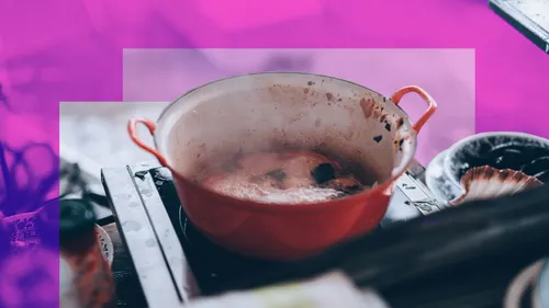 An illustration set against a pink background has a skillet with food sizzling inside.