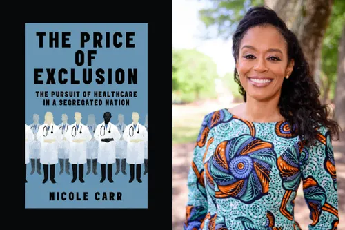 Left: Book cover featuring a group of doctors wearing white coats and stethoscopes standing side by side. Only one person in the group is Black, highlighting racial disparities in the U.S…