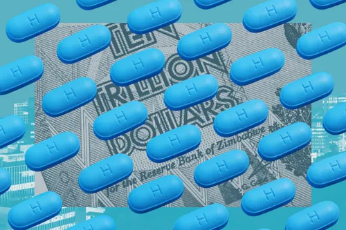 HIV PrEP pills, with a ten trillion dollar bill and the skyline of Harare, Zimbabwe in the background