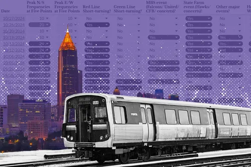 A black-and-white image of a MARTA train superimposed in front of a spreadsheet showing weekend service cuts and the Atlanta skyline.