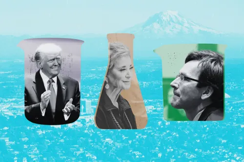 U.S. President Donald Trump, U.S. Secretary of Education Linda McMahon, and Washington Gov. Bob Ferguson cropped in the shape of lab beakers.