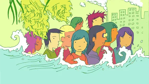 An illustration of various peoples of Asian descent standing in waves, with a building behind them