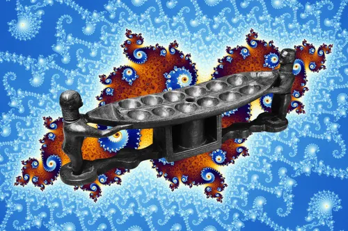 A mancala game board with a Mandelbrot Set plot in the background.