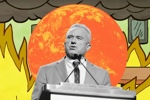 HHS Secretary Robert F. Kennedy, Jr. speaks at a lectern. Behind him is an orange Earth and a cartoon of a room in flames with black smoke.