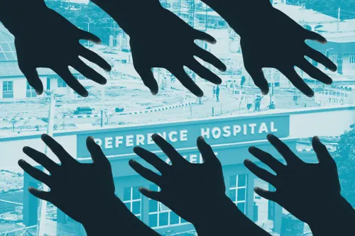 Dark hands reaching across one another with a Nigerian hospital in the background.