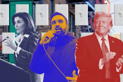 Kathy Hochul, Zohran Mamdani, and Donald Trump, with the Manhattan Chinatown as a backdrop.