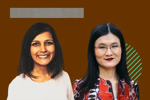 Portraits of Priyanka Runwal, an Indian woman, and Yangyang Cheng, a Chinese woman with glasses.