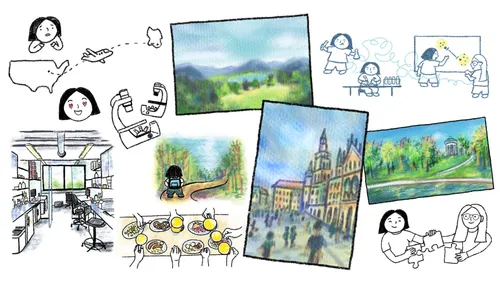 Comic by Julia Shangguan containing sketches of Europe, her lab, and her life
