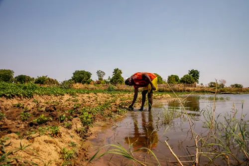 A Black man crouches on a field, ankle-deep in water.