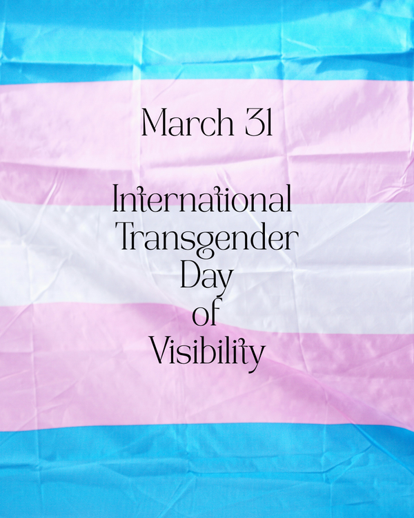 Black text reading: March 21 International Transgender Day of Visiblity overlaid onto the Blue, Pink and White Stripes of the transgender flag.