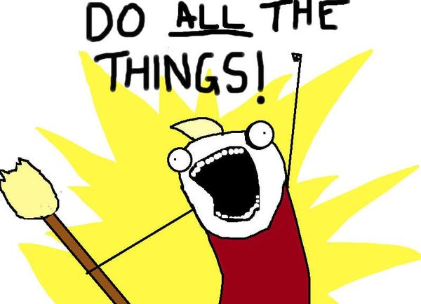 MS Paint drawn person with light skin, with mouth wide open against yellow splash background. Text above: Do All the Things!