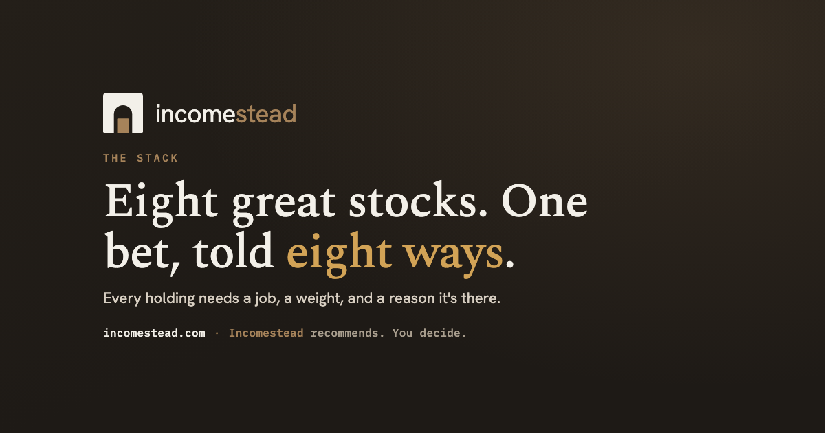 Eight separate stock tiles stacked into a single leaning pile beside a structured set of labelled strategy Layers, contrasting a collection of picks with a designed portfolio.