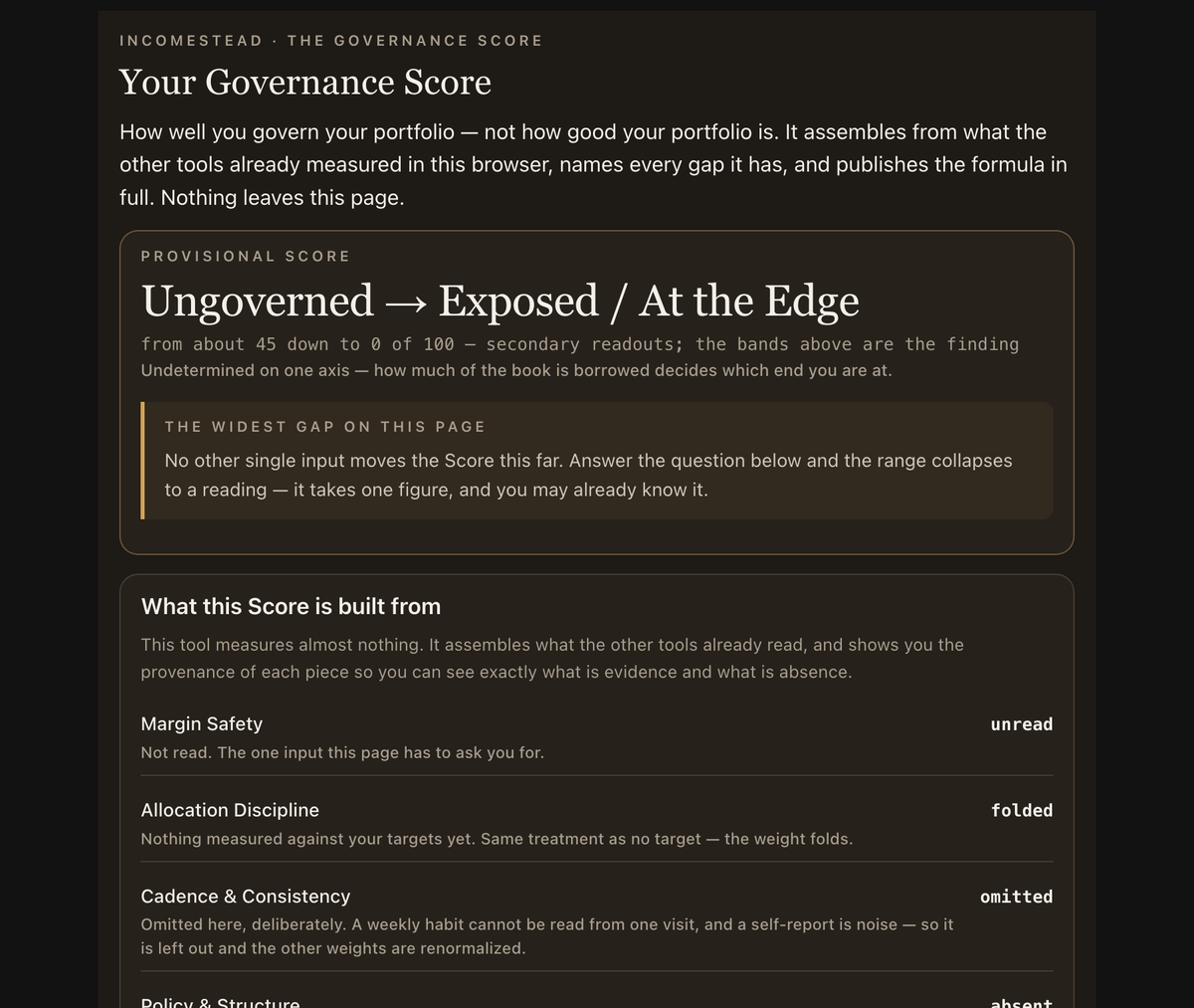 The Governance Score showing a band headline with the numeric score de-emphasised underneath it.