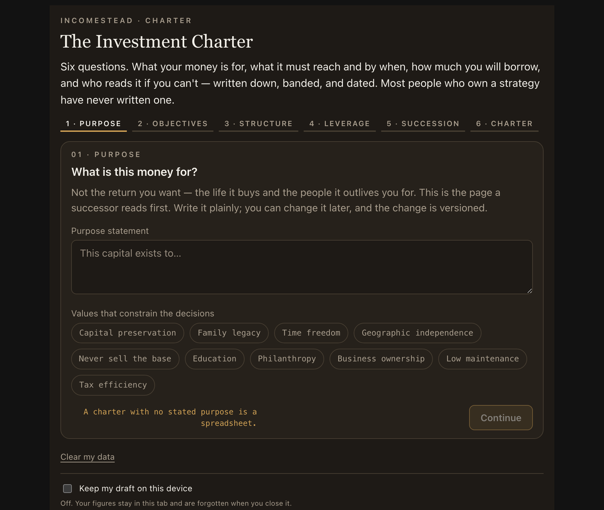 The Investment Charter wizard on its opening step, asking what the money is for before any targets are entered.