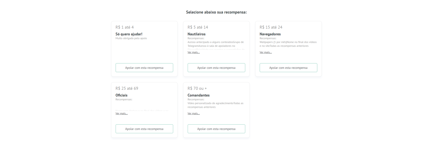Captura de tela de uma possibilidade de apoio. São vistas 5 formas de apoio, que vão de 1 a 70 reais.