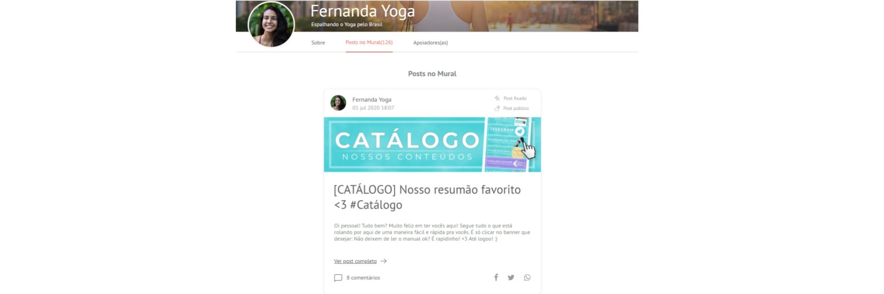 captura de tela do mural da Fernanda Yoga, em que se vê um primeiro post. Nele se lê grande "Catálogo".