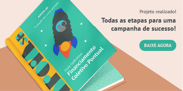 ilustração de um livro verde sobre "financiamento coletivo pontual" com um botão indicando para baixar o ebook e os dizeres "todas as etapas para uma campanha de sucesso"