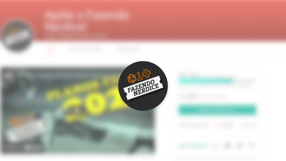 logo do canal Fazendo nerdice, com a tela de sua campanha na apoia.se borrada ao fundo