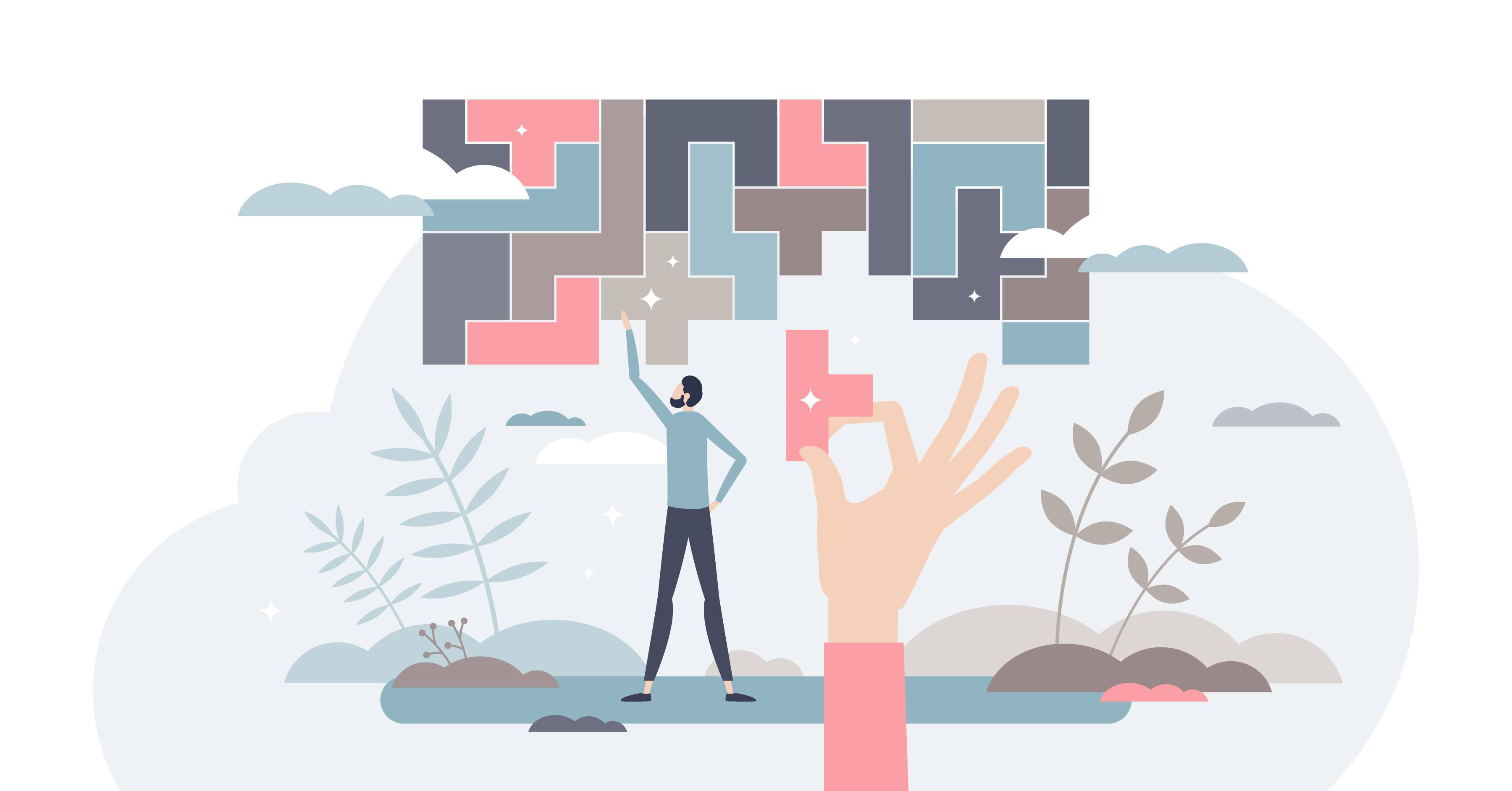 Man and hand trying to fill a Tetris style diagram