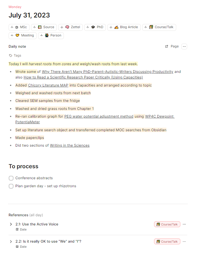 Screenshot from Capacities app for a daily note with date, list of done items and a to process list